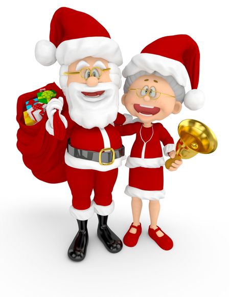 3D Santa and Mrs Claus looking happy - isolated over a white background
