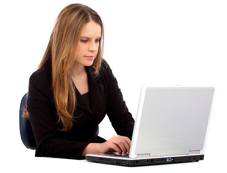 business woman working on a laptop computer on the floor isolated over a white background