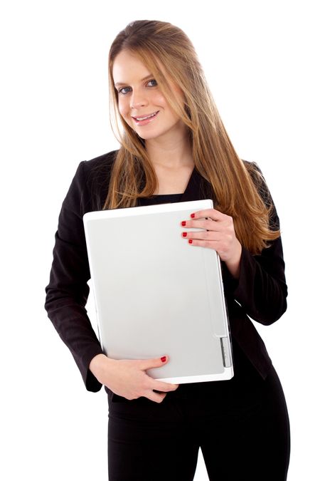business woman holding a laptop computer - isolated over a white background