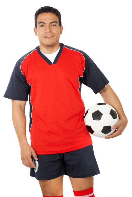 male footballer standing up isolated over a white background