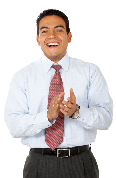 Business man clapping and smiling isolated over a white background