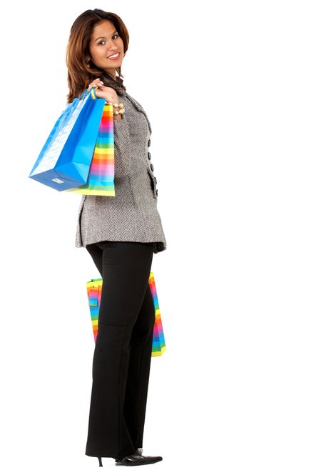business woman shopping bags isolated over a white background