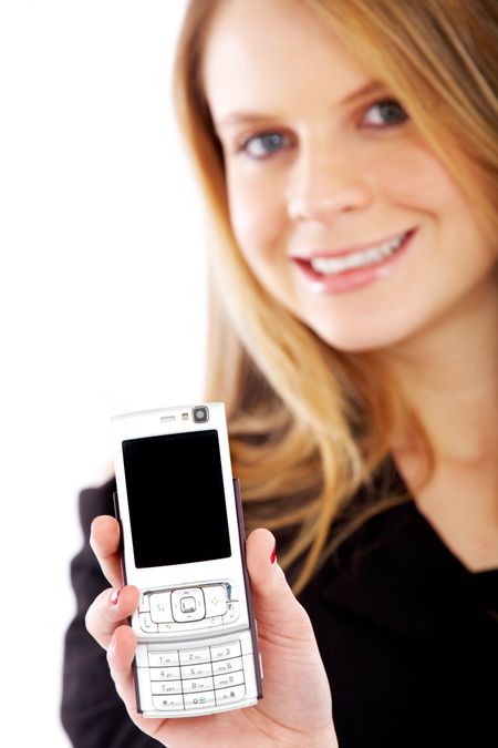 business woman showing her phone isolated over a white background