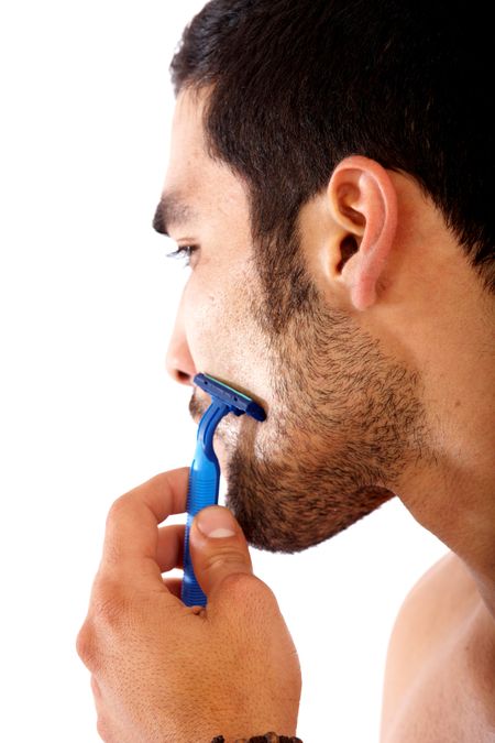 man shaving his beard isolated over a white background