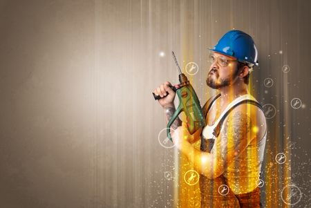 Manual worker with wrench symbols and tool.