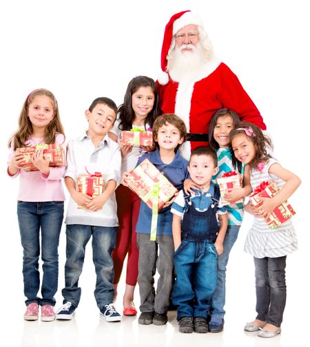 Santa Claus with a group of kids holding Christmas presents - isolated