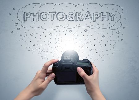 naked-hand-photo-shooting-message-cloud-1196680156 Naked hand photo shooting with message cloud concept and doodles