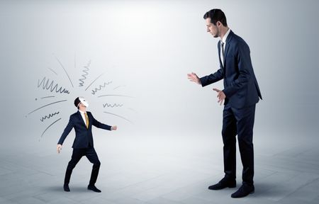 Conflict between small masked businessman and big elegant businessman