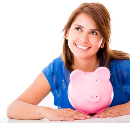 Thoughtful woman with her savings - isolated over a white background