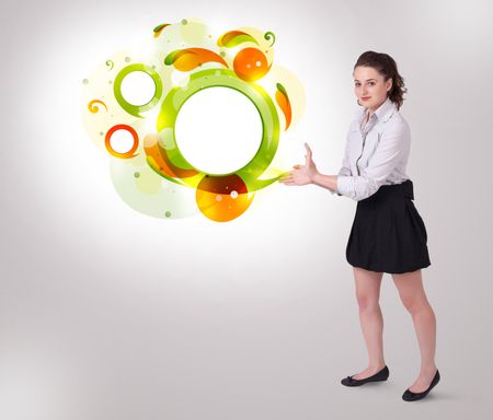 Young business woman presenting abstract copyspace on bright background