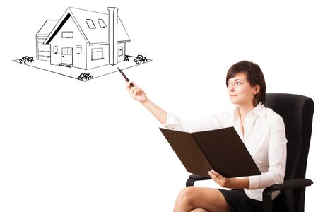Young business woman presenting a house on whiteboard isolated on white