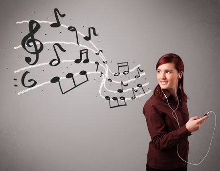 attractive young lady singing and listening to music with musical notes getting out of her mouth