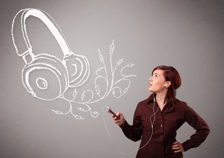 young woman singing and listening to music with abstract headphone getting out of her mouth