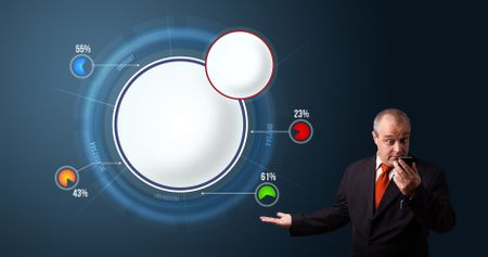 crazy businessman in suit holding a phone and presenting abstract modern pie chart with copy space