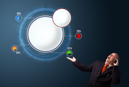 crazy businessman in suit holding a phone and presenting abstract modern pie chart with copy space