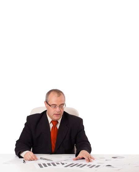 businessman sitting at desk with copy space, isolated on white