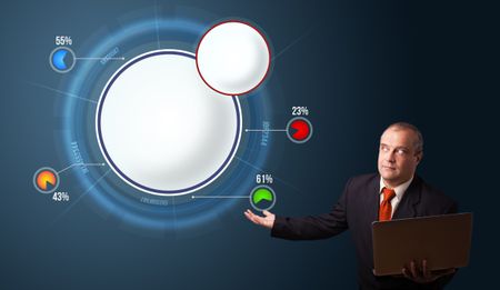 businessman-suit-holding-laptop-presenting-abstract-120339901 businessman in suit holding a laptop and presenting abstract modern pie chart with copy space