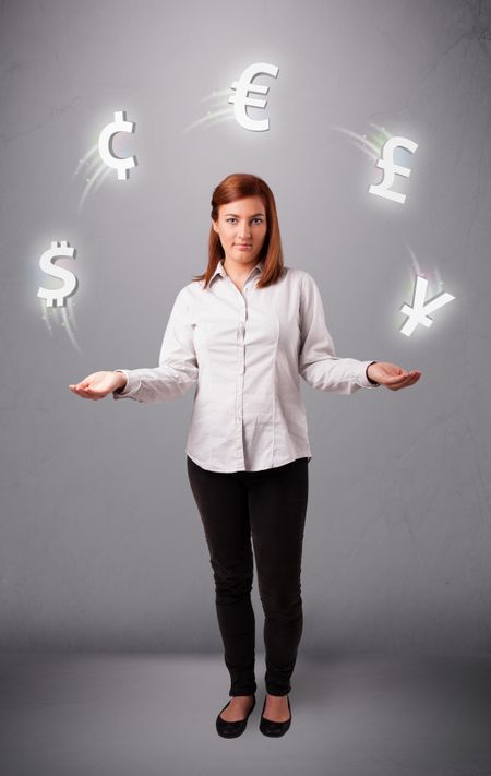 pretty young lady standing and juggling with currency icons