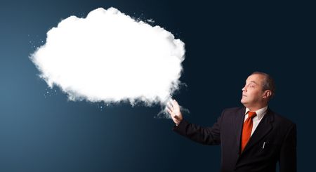 businessman in suit presenting abstract cloud copy space