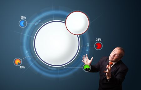 funny businessman in suit presenting abstract modern pie chart with copy space