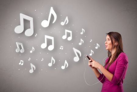 Pretty young woman singing and listening to music with musical notes getting out of her mouth