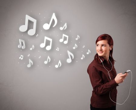 Pretty young woman singing and listening to music with musical notes getting out of her mouth