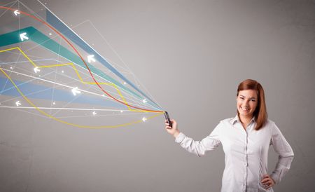 pretty young lady standing and holding a phone with colorful abstract lines and arrows