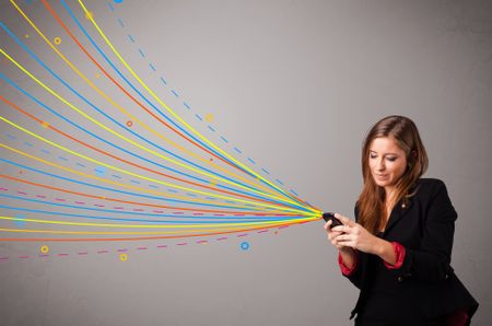 Happy young girl holding a phone with colorful abstract lines