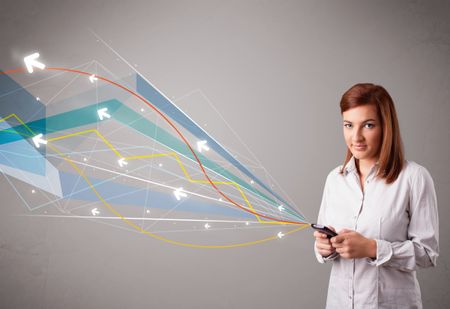 pretty young lady standing and holding a phone with colorful abstract lines and arrows