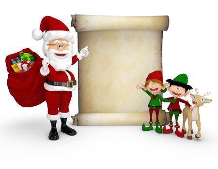 3D Santa with a Christmas list and helping elves - isolated
