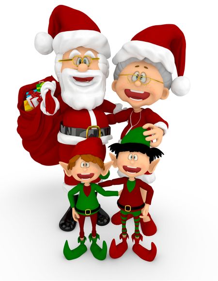 3D Happy Santa family - isolated over a white background