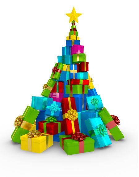 3D Christmas tree made out of presents - isolated over a white background