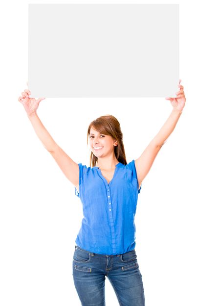 Woman lifting a banner - isolated over a white background
