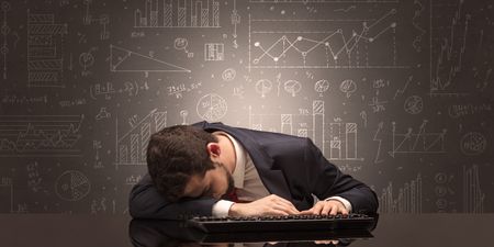 Elegant teacher fell asleep at his workplace with full draw blackboard concept