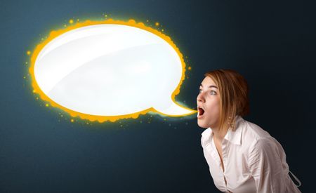 young woman with modern speech bubble and copy space