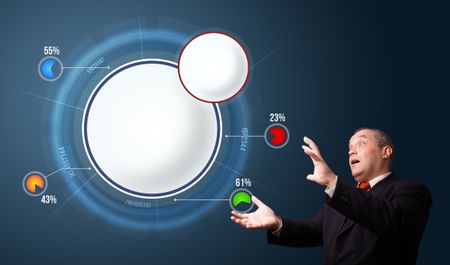 funny businessman in suit presenting abstract modern pie chart with copy space