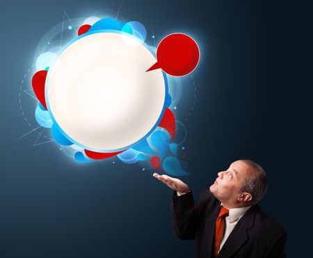 funny businessman in suit presenting abstract modern speech bubble copy space