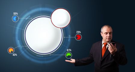 Businessman in suit making phone call and presenting abstract modern pie chart with copy space