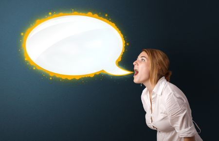 young woman with modern speech bubble and copy space