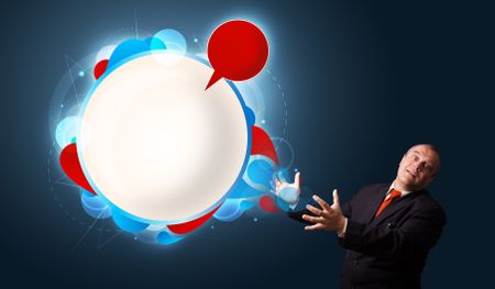 funny businessman in suit presenting abstract modern speech bubble copy space