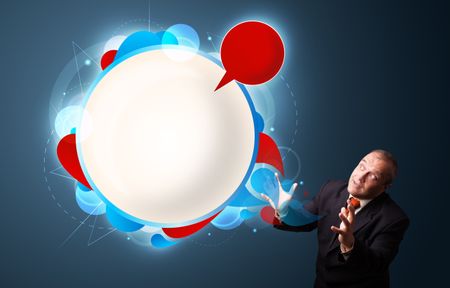 funny businessman in suit presenting abstract modern speech bubble copy space