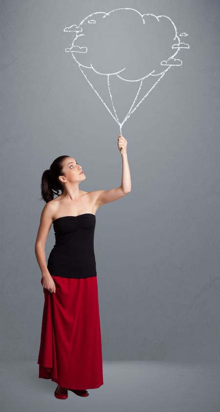 Pretty young lady holding a cloud balloon drawing