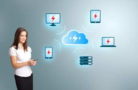 Beautiful young woman holding a phone with cloud computing network