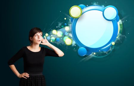 Young business woman with abstract modern speech bubble