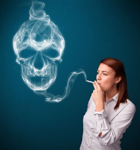 Pretty young woman smoking dangerous cigarette with toxic skull smoke