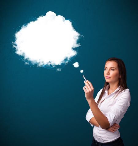 Pretty young woman smoking unhealthy cigarette with dense smoke