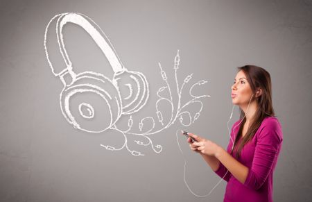 young woman singing and listening to music with abstract headphone getting out of her mouth