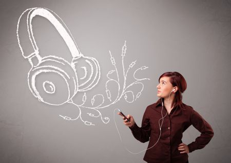 young woman singing and listening to music with abstract headphone getting out of her mouth