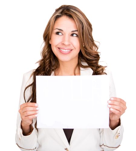 Businesswoman with a banner ad - isolated over a white background