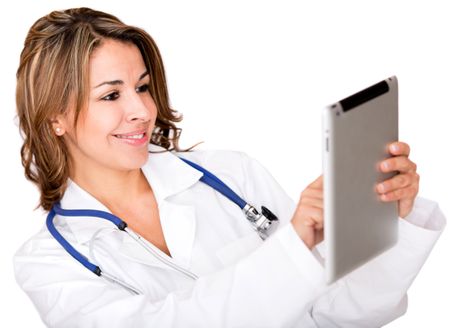 Doctor using a tablet computer - isolated over a white background